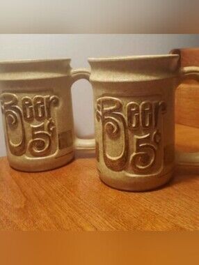 vintage stoneware mugs Pottery Craft USA 1970s "Beer 5 Cents" mid-century